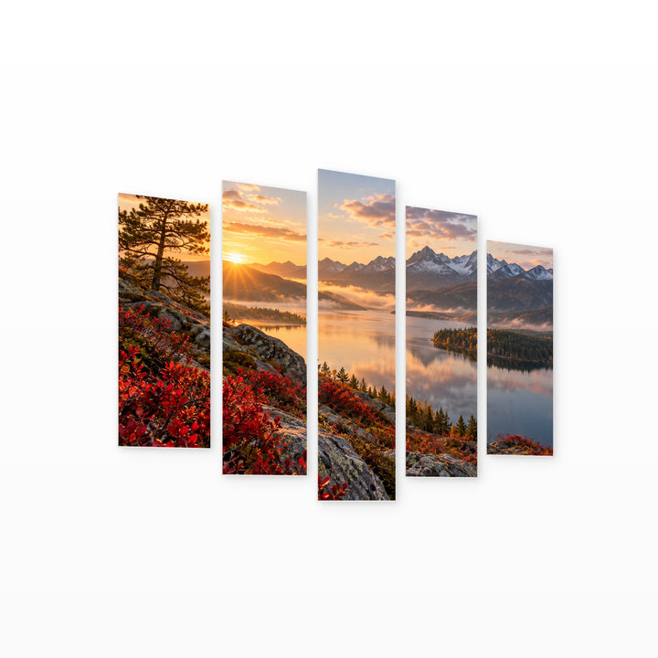 Red Details in Serene Light — five-panel wall art on white background in perspective | 5wallart 55505 M1