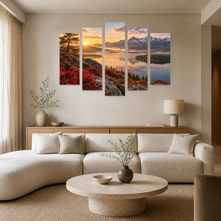 Red Details in Serene Light — five-panel wall art in frontal interior | 5wallart 55505 M3
