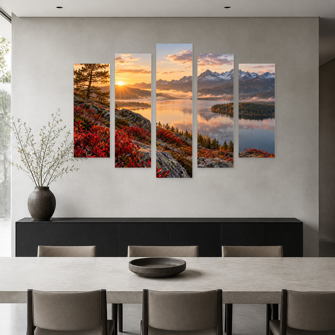 Red Details in Serene Light — five-panel wall art in alternate frontal interior | 5wallart 55505 M4