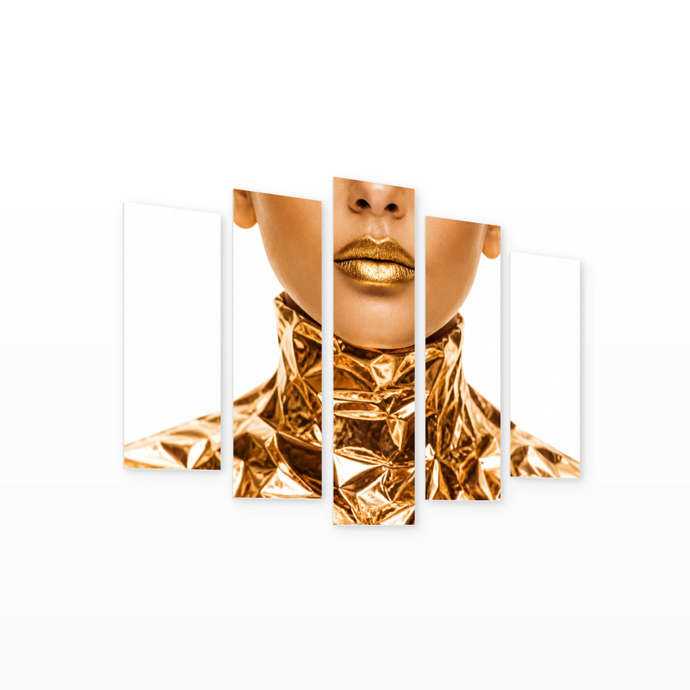 Woman with Golden Details in Serene Light — five-panel wall art on white background in perspective | 5wallart 55506 M1