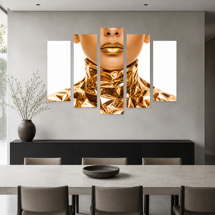 Woman with Golden Details in Serene Light — five-panel wall art in frontal interior | 5wallart 55506 M3