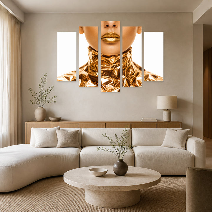 Woman with Golden Details in Serene Light — five-panel wall art in alternate frontal interior | 5wallart 55506 M4
