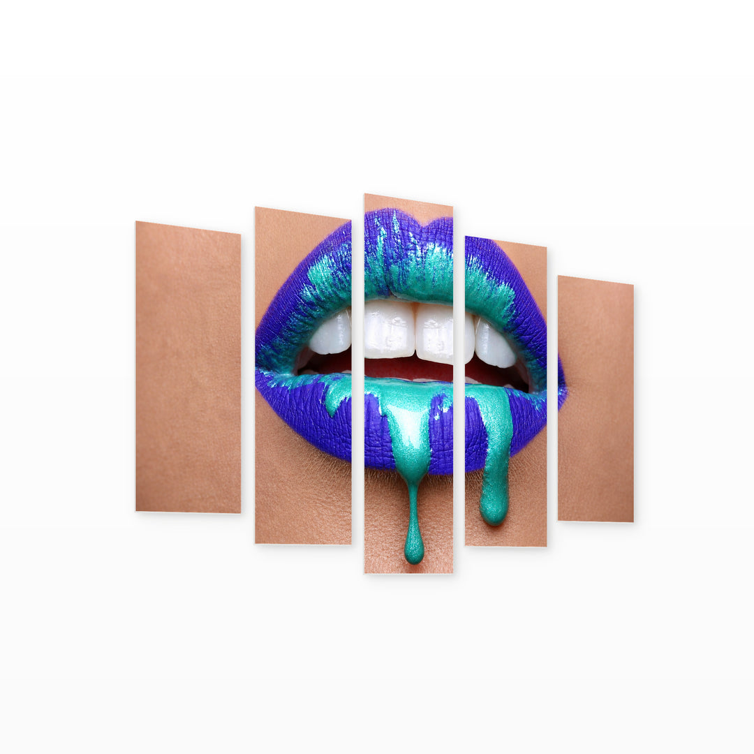 Colorful Lips at Night II — five-panel wall art on white background in perspective | 5wallart 55507 M1