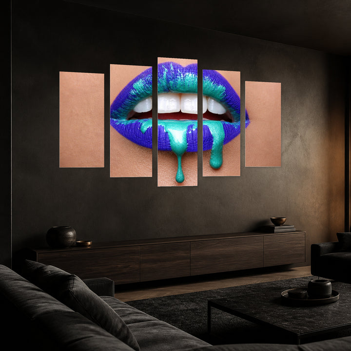 Colorful Lips at Night II — five-panel wall art in perspective interior | 5wallart 55507 M2