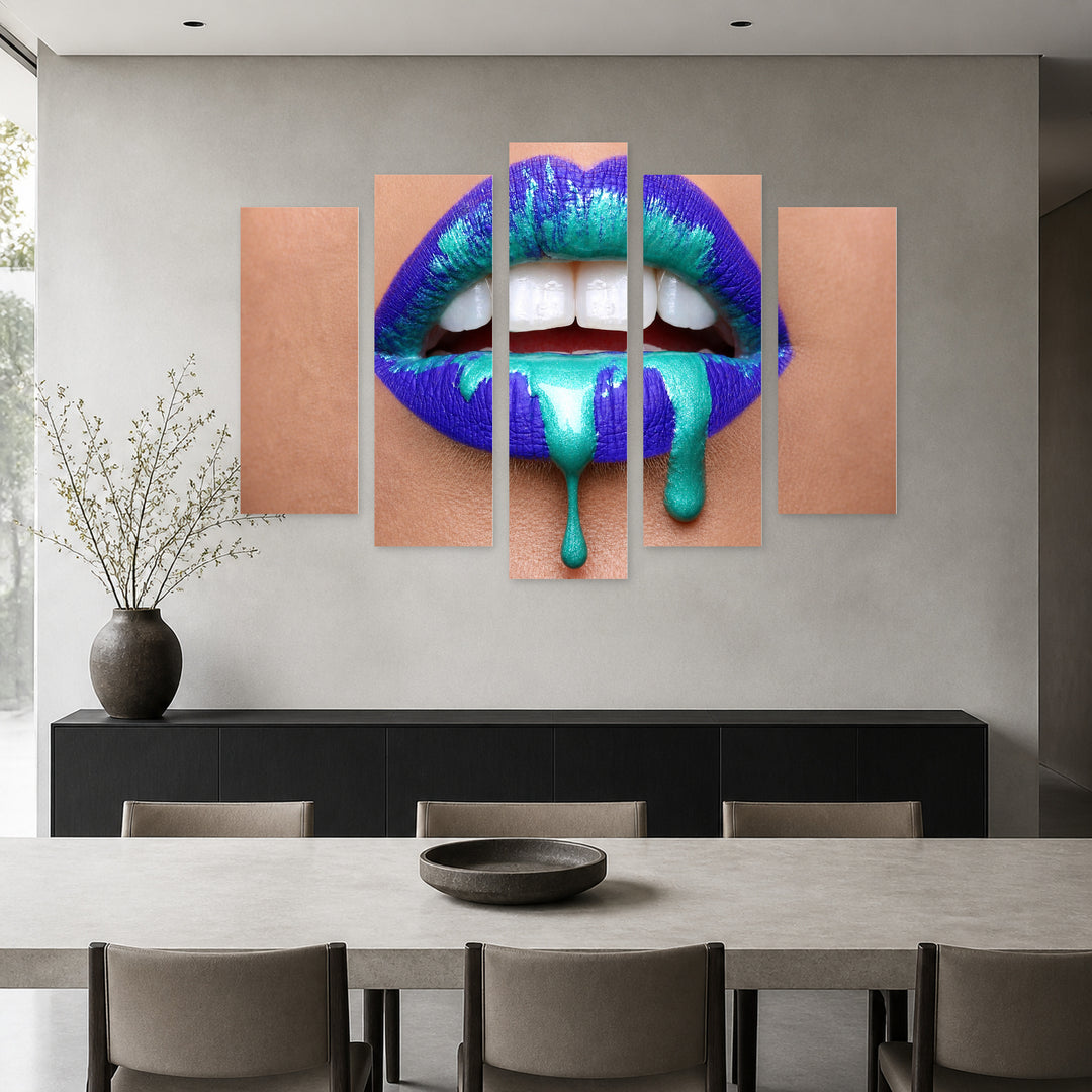 Colorful Lips at Night II — five-panel wall art in alternate frontal interior | 5wallart 55507 M4