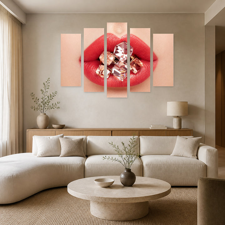 Diamond Lips Modern Composition — five-panel wall art in frontal interior | 5wallart 55509 M3