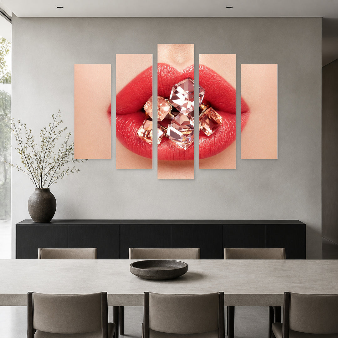 Diamond Lips Modern Composition — five-panel wall art in alternate frontal interior | 5wallart 55509 M4
