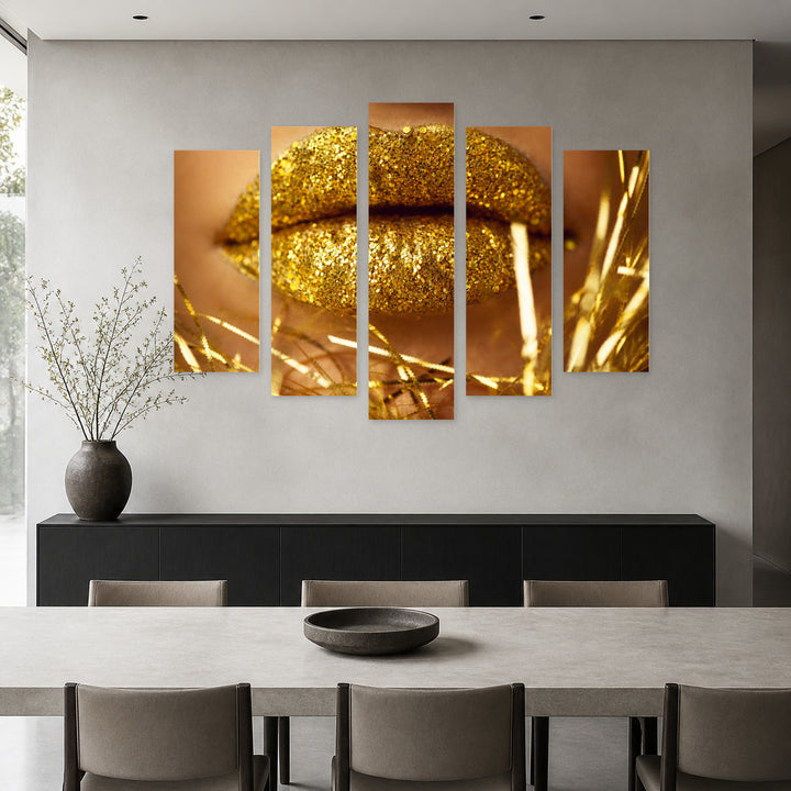Golden Lips in Vivid Color — five-panel wall art in frontal interior | 5wallart 55510 M3