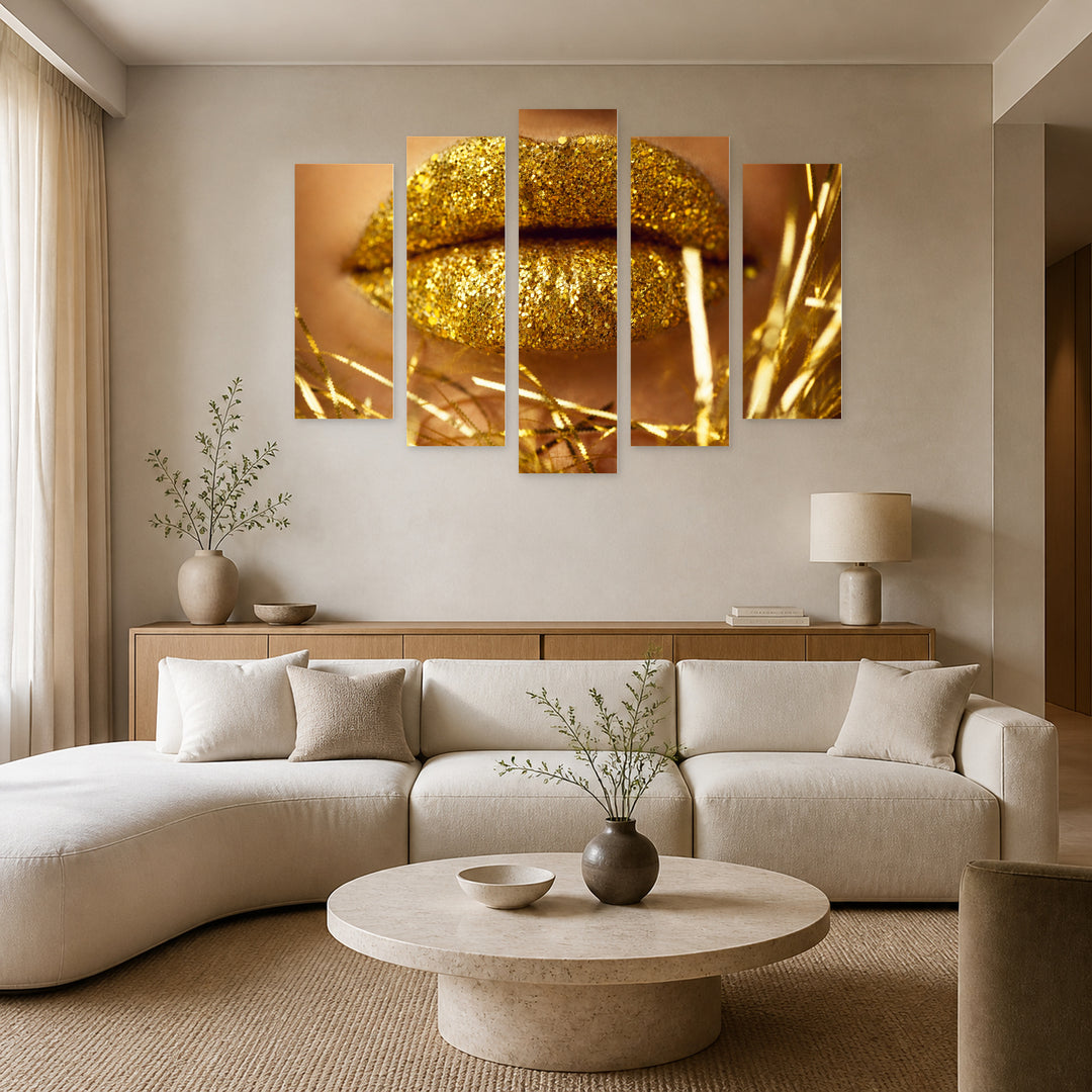Golden Lips in Vivid Color — five-panel wall art in alternate frontal interior | 5wallart 55510 M4