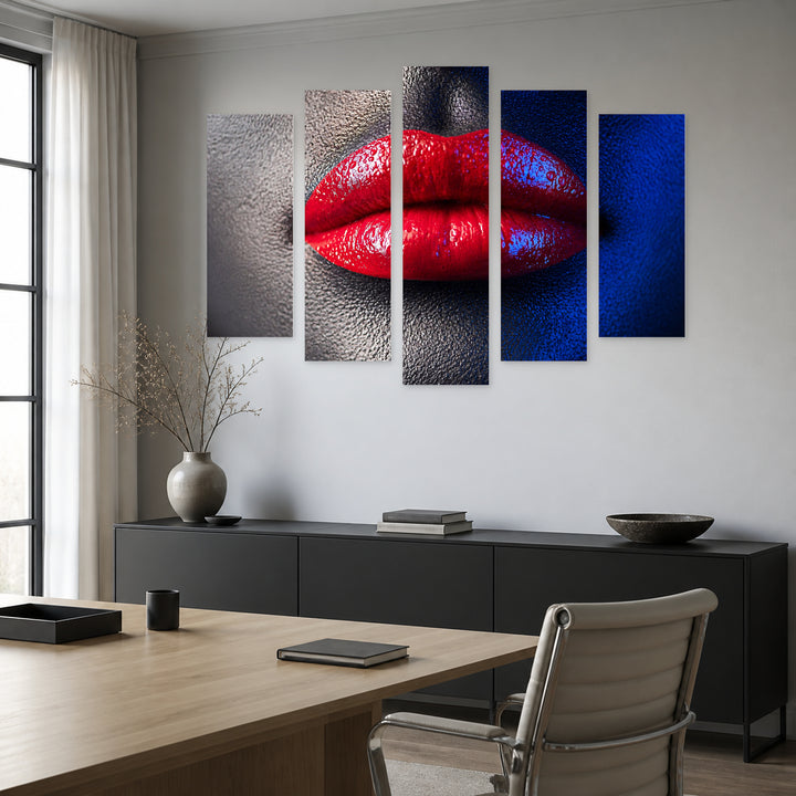 Red Lips in Focus with Dramatic Contrast — five-panel wall art in alternate frontal interior | 5wallart 55511 M4