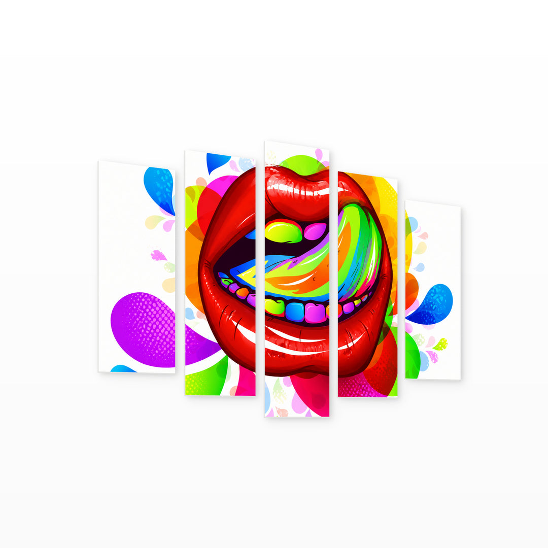 Abstract Colorful Lips with Geometric Rhythm — five-panel wall art on white background in perspective | 5wallart 55512 M1