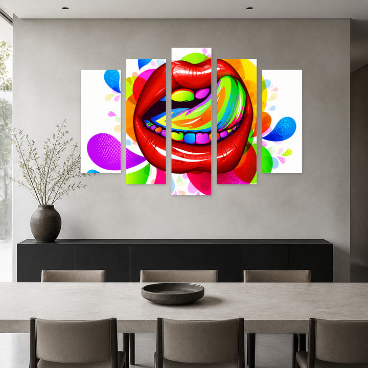 Abstract Colorful Lips with Geometric Rhythm — five-panel wall art in frontal interior | 5wallart 55512 M3