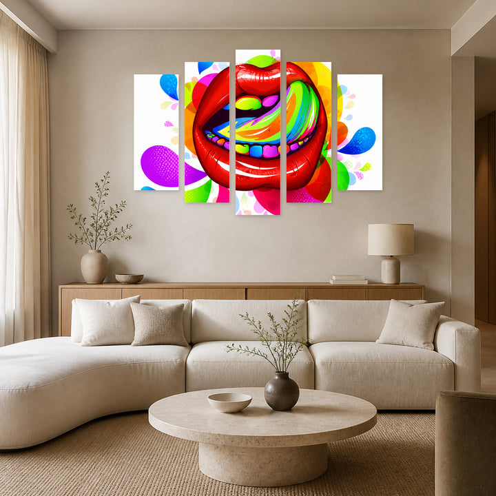 Abstract Colorful Lips with Geometric Rhythm — five-panel wall art in alternate frontal interior | 5wallart 55512 M4
