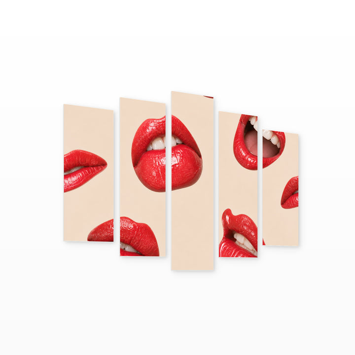 Various Lips with Geometric Rhythm — five-panel wall art on white background in perspective | 5wallart 55515 M1