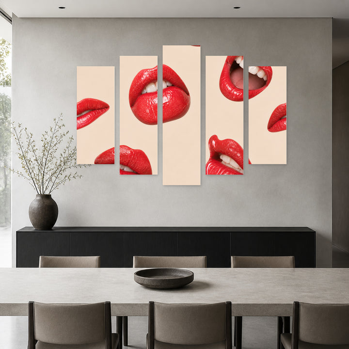 Various Lips with Geometric Rhythm — five-panel wall art in alternate frontal interior | 5wallart 55515 M4