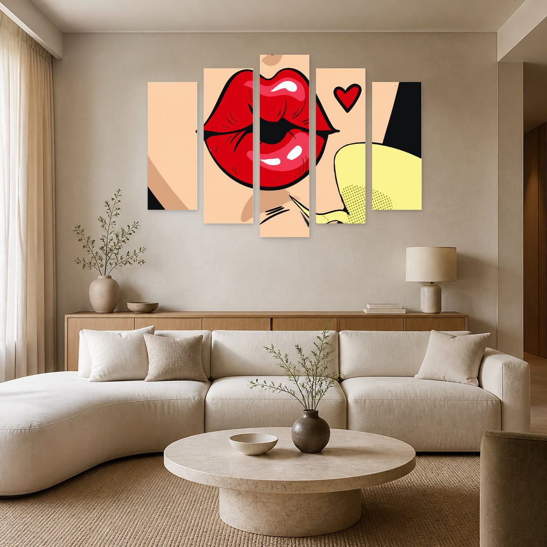 Pop Art Lips at Night II — five-panel wall art in alternate frontal interior | 5wallart 55516 M4