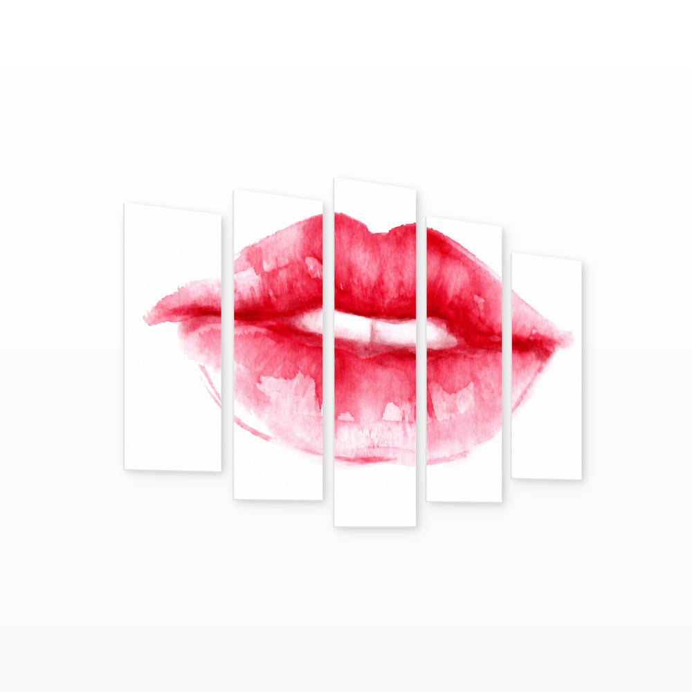 Red Watercolor Lips in Serene Light — five-panel wall art on white background in perspective | 5wallart 55517 M1