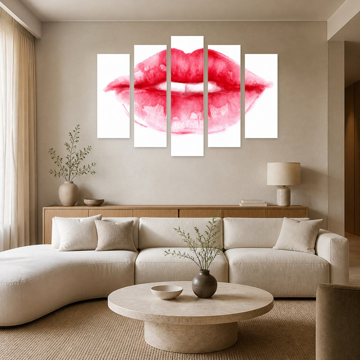 Red Watercolor Lips in Serene Light — five-panel wall art in frontal interior | 5wallart 55517 M3