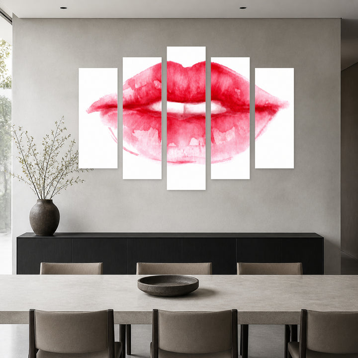 Red Watercolor Lips in Serene Light — five-panel wall art in alternate frontal interior | 5wallart 55517 M4