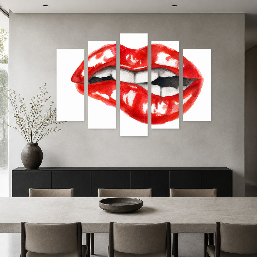 Watercolor Lips Modern Composition — five-panel wall art in frontal interior | 5wallart 55518 M3