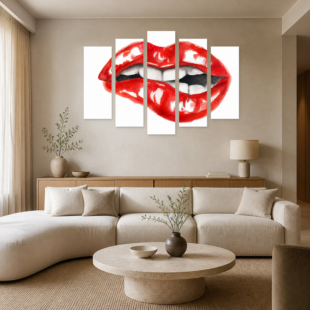 Watercolor Lips Modern Composition — five-panel wall art in alternate frontal interior | 5wallart 55518 M4