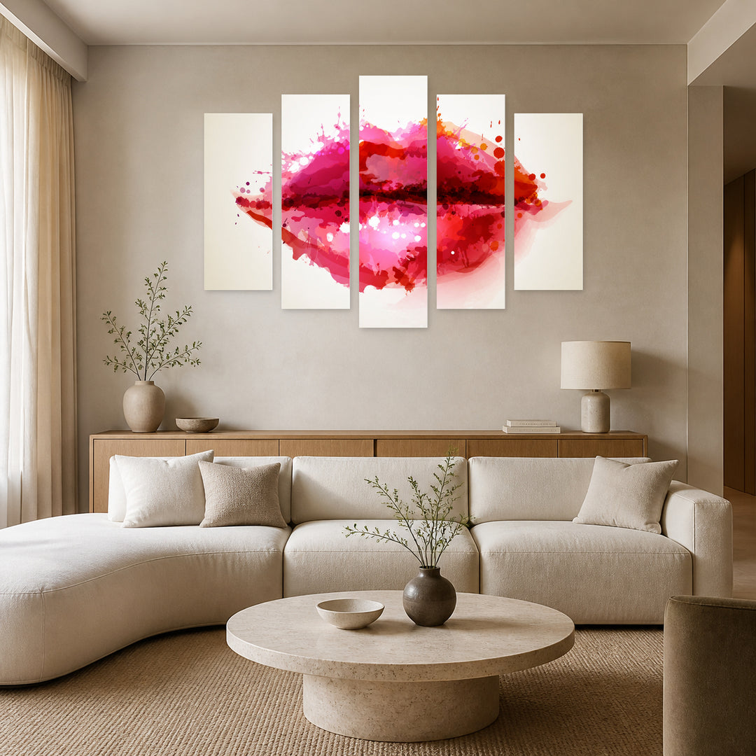Abstract Spots in the Shape of Lips Study — five-panel wall art in frontal interior | 5wallart 55519 M3