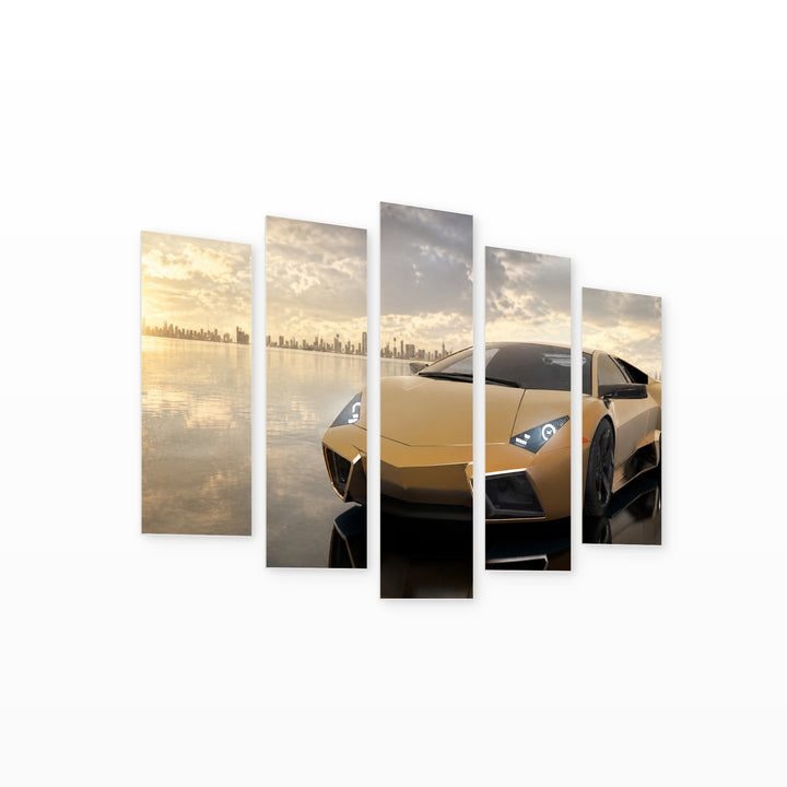 Luxury Car in Gold Color in Serene Light — five-panel wall art on white background in perspective | 5wallart 55521 M1