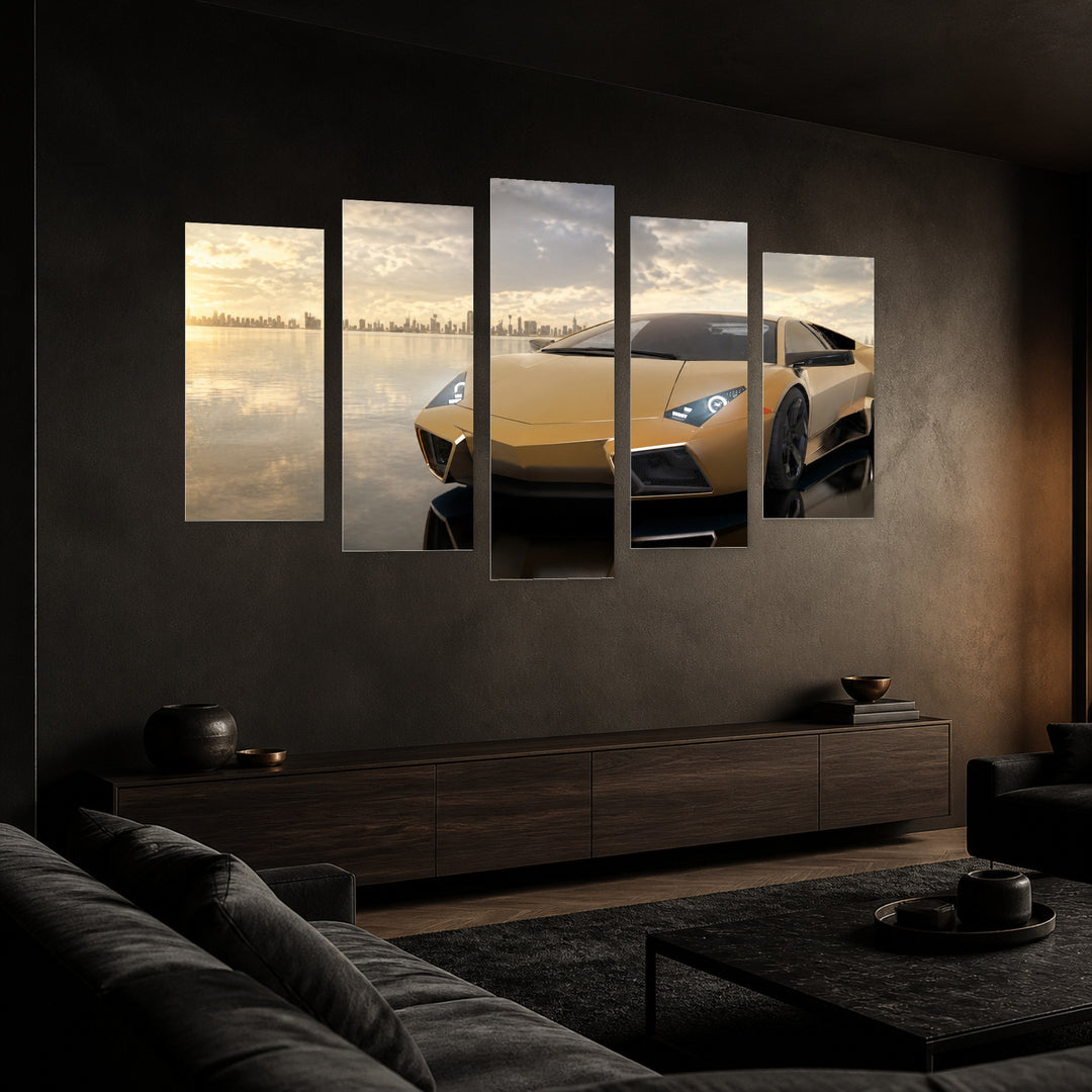 Luxury Car in Gold Color in Serene Light — five-panel wall art in perspective interior | 5wallart 55521 M2