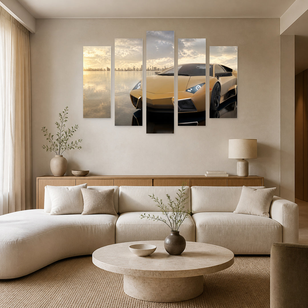 Luxury Car in Gold Color in Serene Light — five-panel wall art in frontal interior | 5wallart 55521 M3