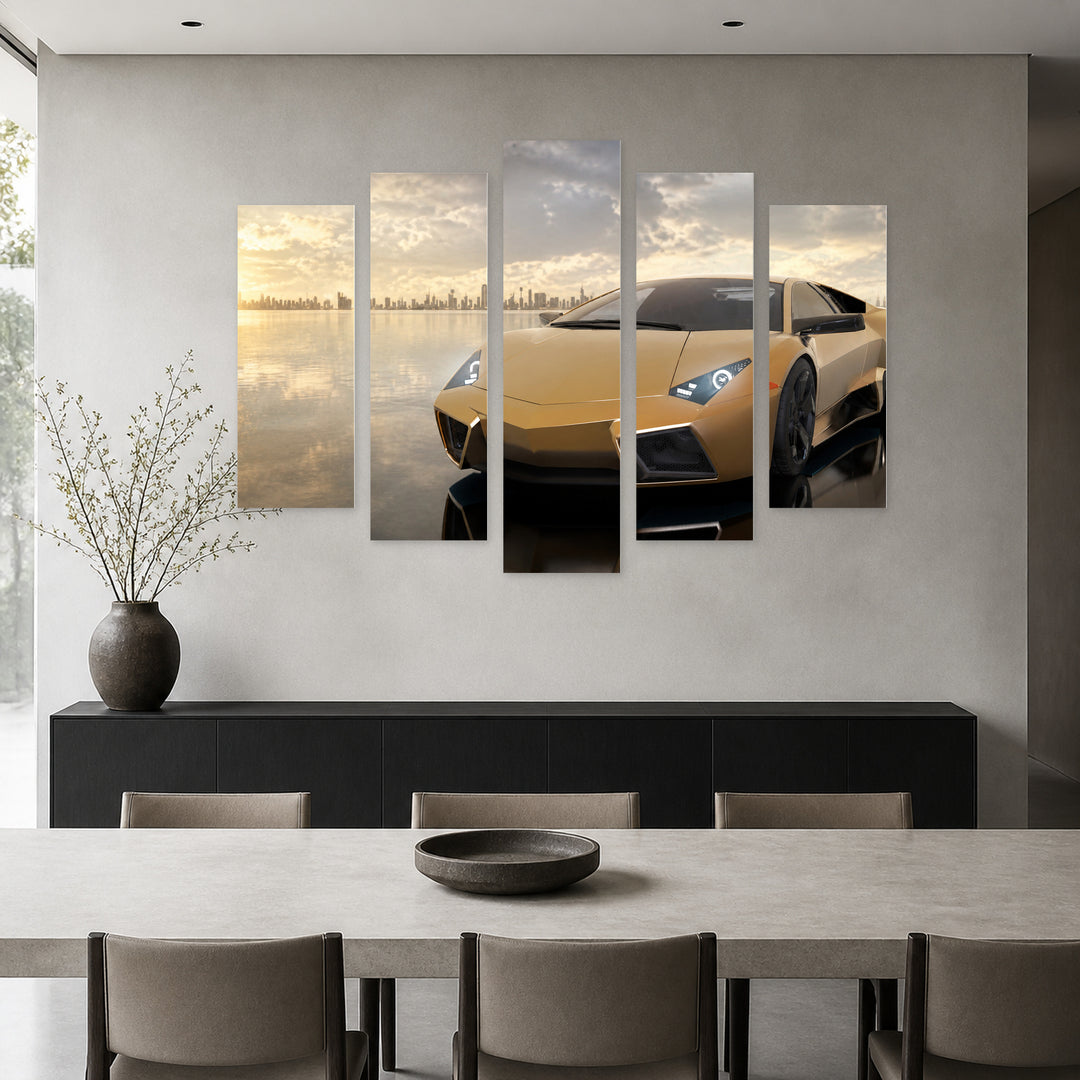 Luxury Car in Gold Color in Serene Light — five-panel wall art in alternate frontal interior | 5wallart 55521 M4