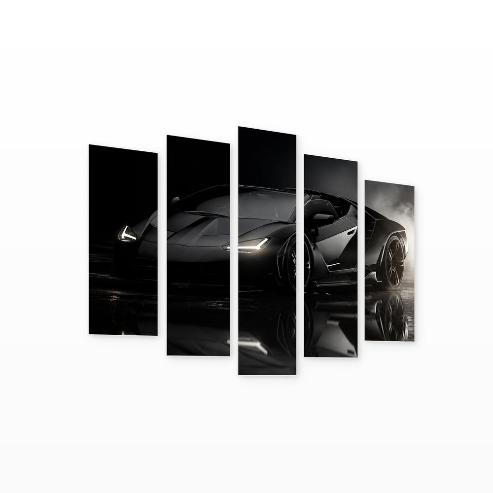 Luxury Car in Black Color with Dramatic Contrast — five-panel wall art on white background in perspective | 5wallart 55522 M1