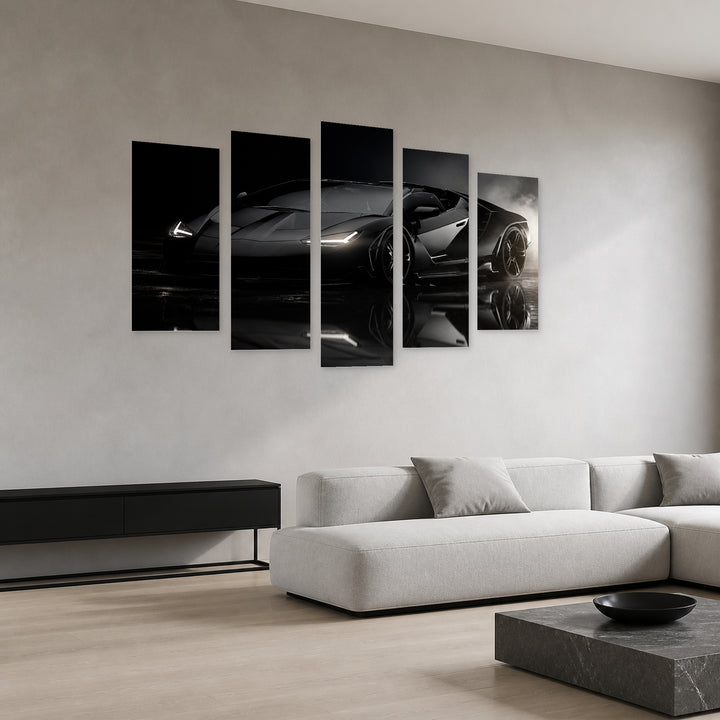 Luxury Car in Black Color with Dramatic Contrast — five-panel wall art in perspective interior | 5wallart 55522 M2