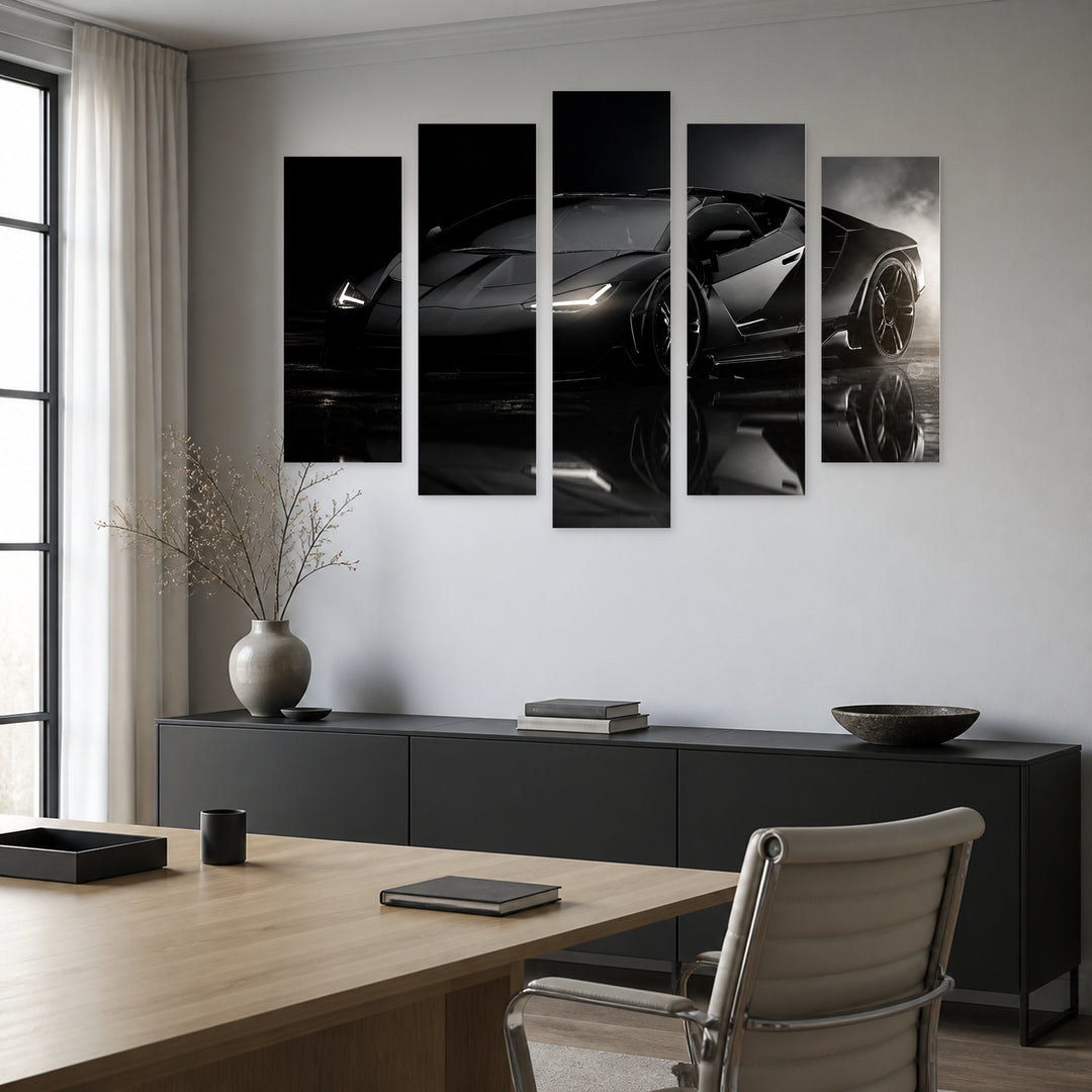 Luxury Car in Black Color with Dramatic Contrast — five-panel wall art in frontal interior | 5wallart 55522 M3