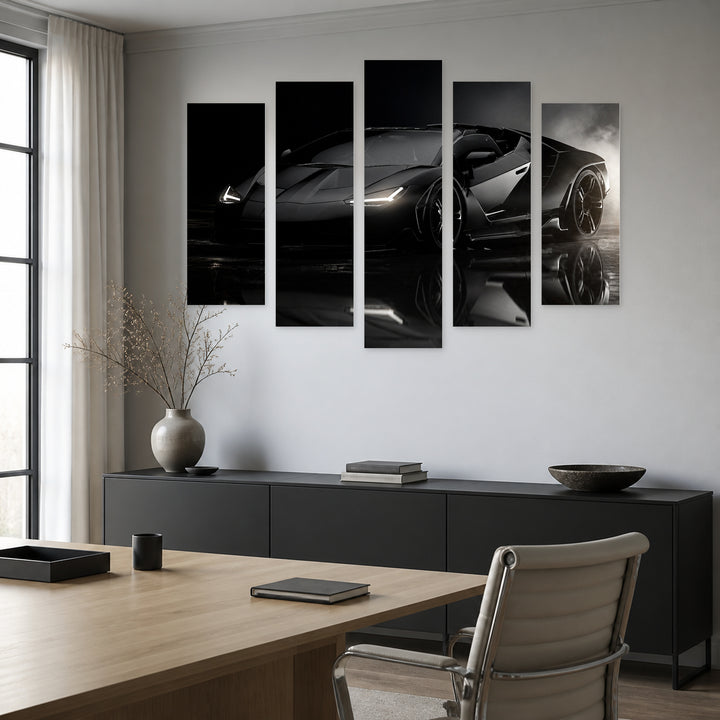 Luxury Car in Black Color with Dramatic Contrast — five-panel wall art in frontal interior | 5wallart 55522 M3
