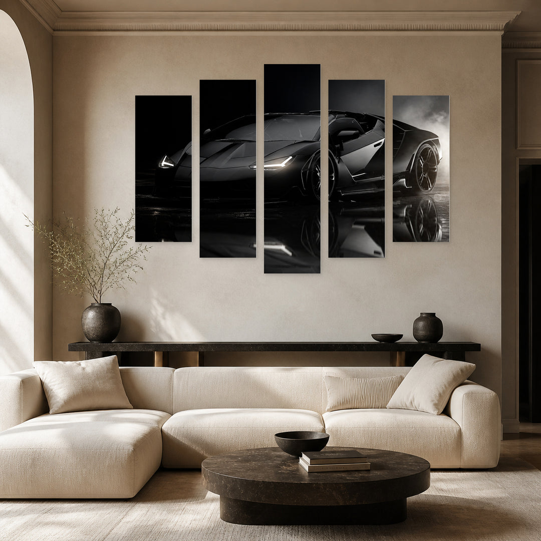 Luxury Car in Black Color with Dramatic Contrast — five-panel wall art in alternate frontal interior | 5wallart 55522 M4