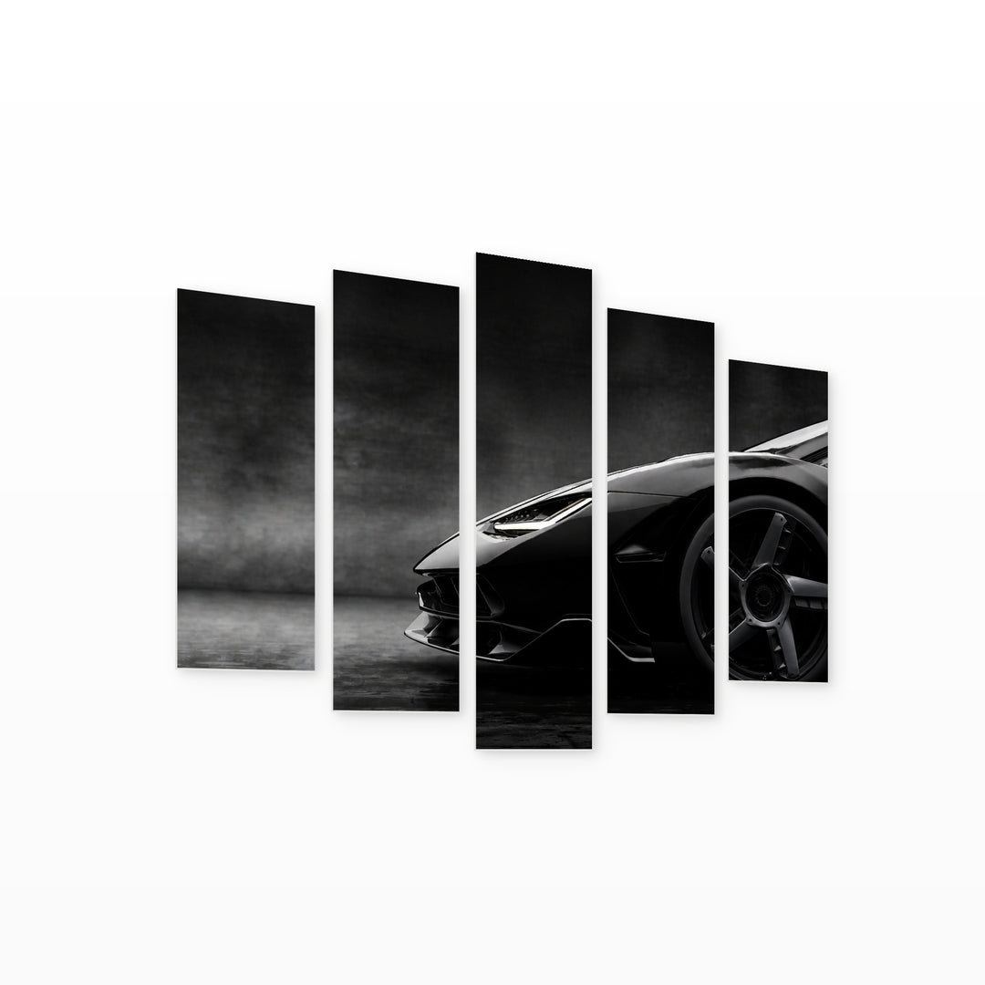 Fast Car in Black with Dramatic Contrast — five-panel wall art on white background in perspective | 5wallart 55523 M1