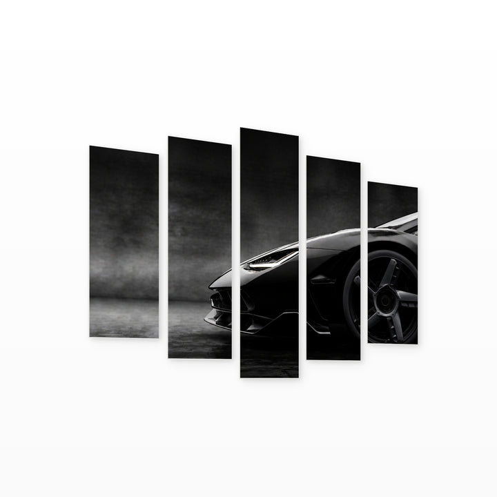 Fast Car in Black with Dramatic Contrast — five-panel wall art on white background in perspective | 5wallart 55523 M1