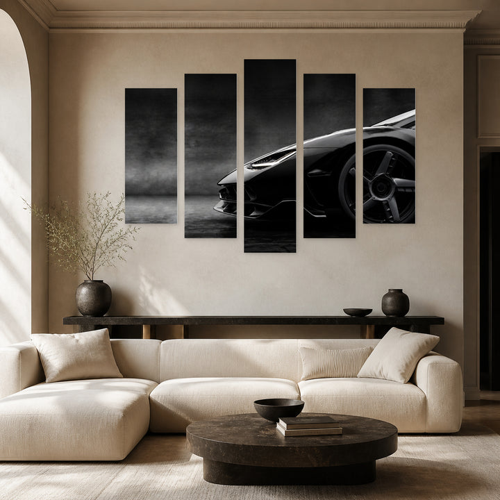 Fast Car in Black with Dramatic Contrast — five-panel wall art in frontal interior | 5wallart 55523 M3