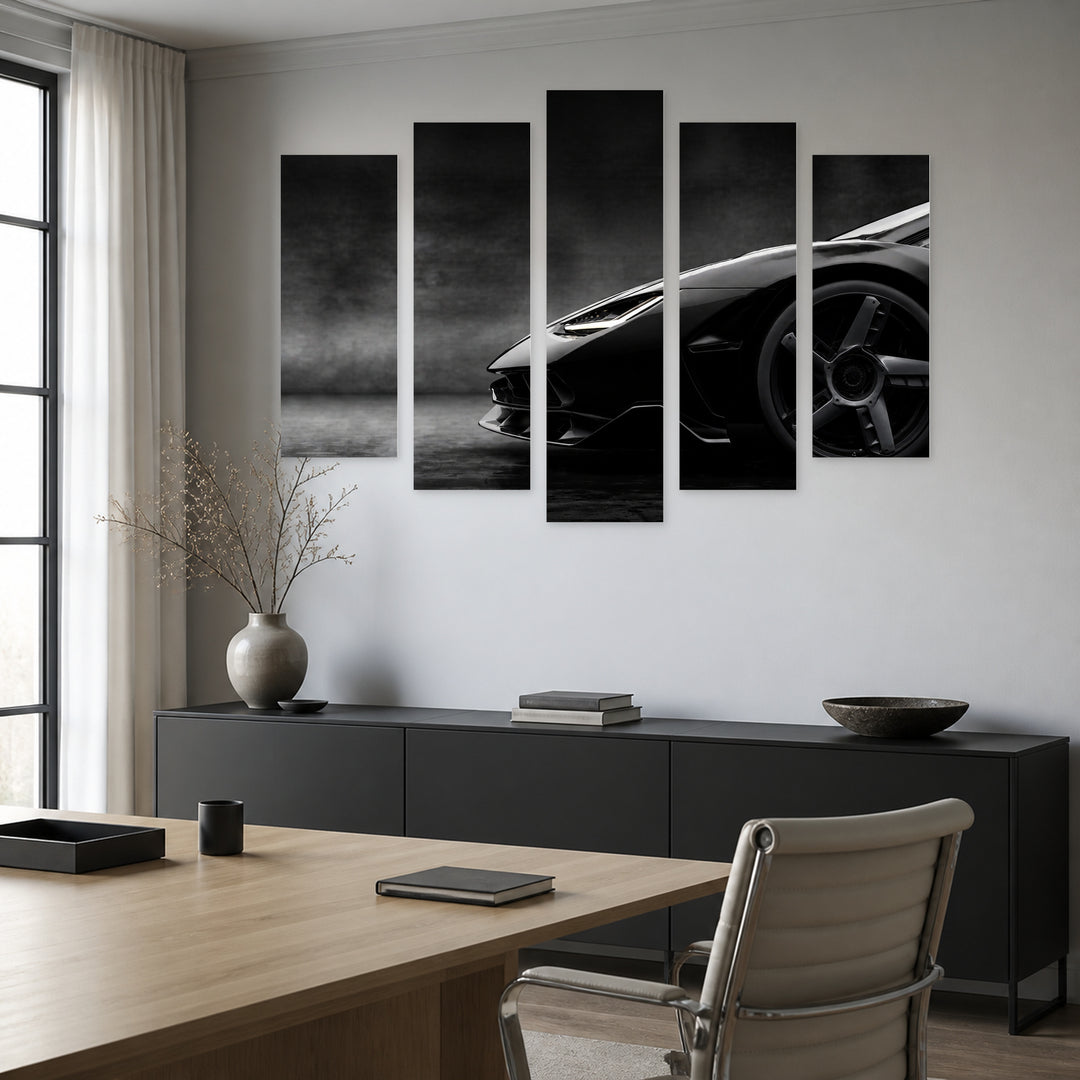 Fast Car in Black with Dramatic Contrast — five-panel wall art in alternate frontal interior | 5wallart 55523 M4