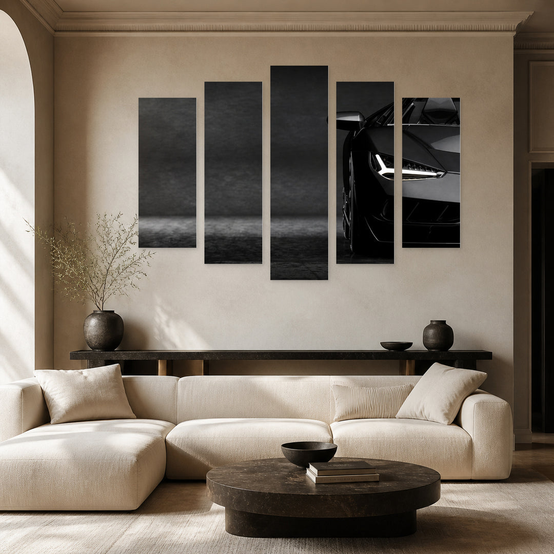 Front of a Black Car Motion Study — five-panel wall art in alternate frontal interior | 5wallart 55524 M4