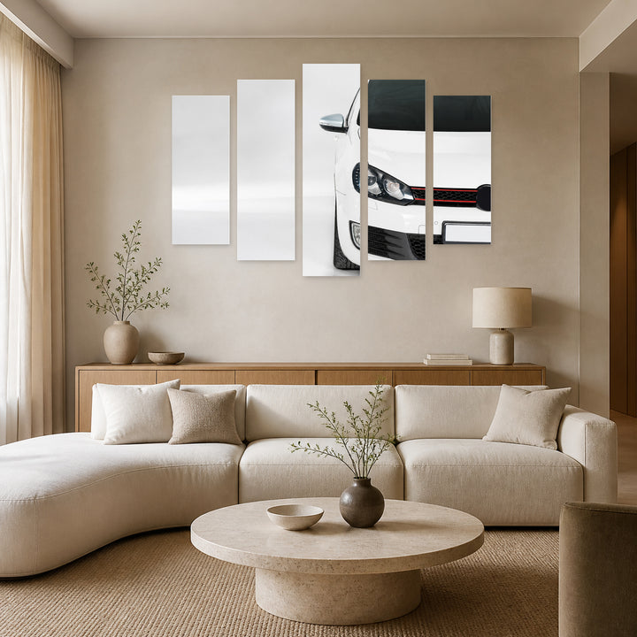 White Car in Serene Light — five-panel wall art in alternate frontal interior | 5wallart 55526 M4