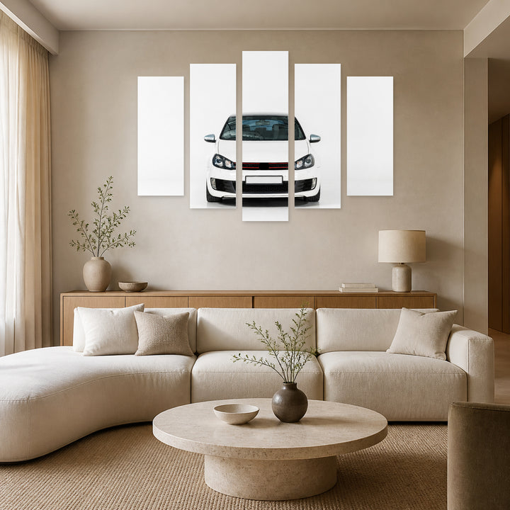 White Sports Car with Geometric Rhythm — five-panel wall art in frontal interior | 5wallart 55527 M3