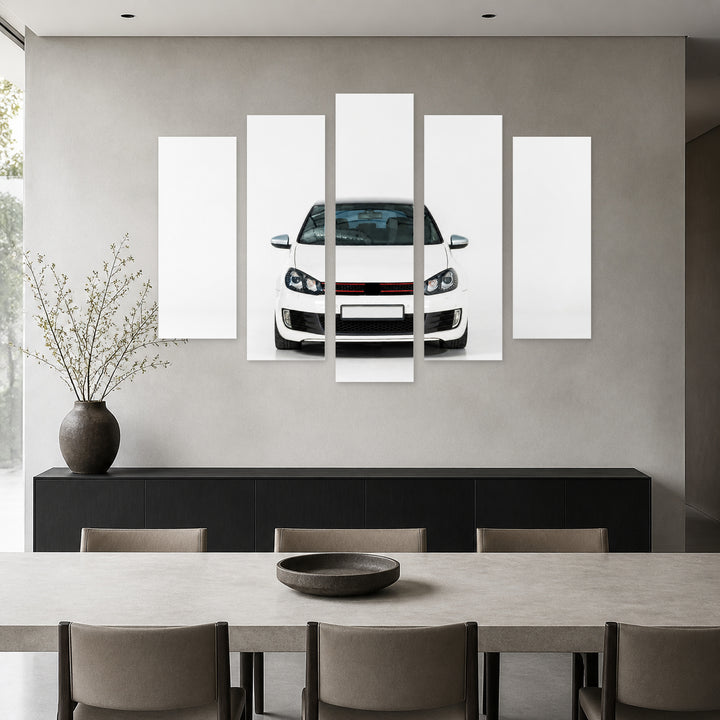 White Sports Car with Geometric Rhythm — five-panel wall art in alternate frontal interior | 5wallart 55527 M4