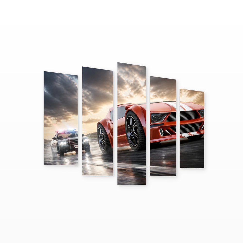 Race with Fast Cars with Dramatic Contrast — five-panel wall art on white background in perspective | 5wallart 55528 M1