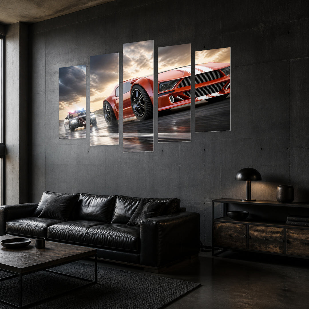 Race with Fast Cars with Dramatic Contrast — five-panel wall art in perspective interior | 5wallart 55528 M2
