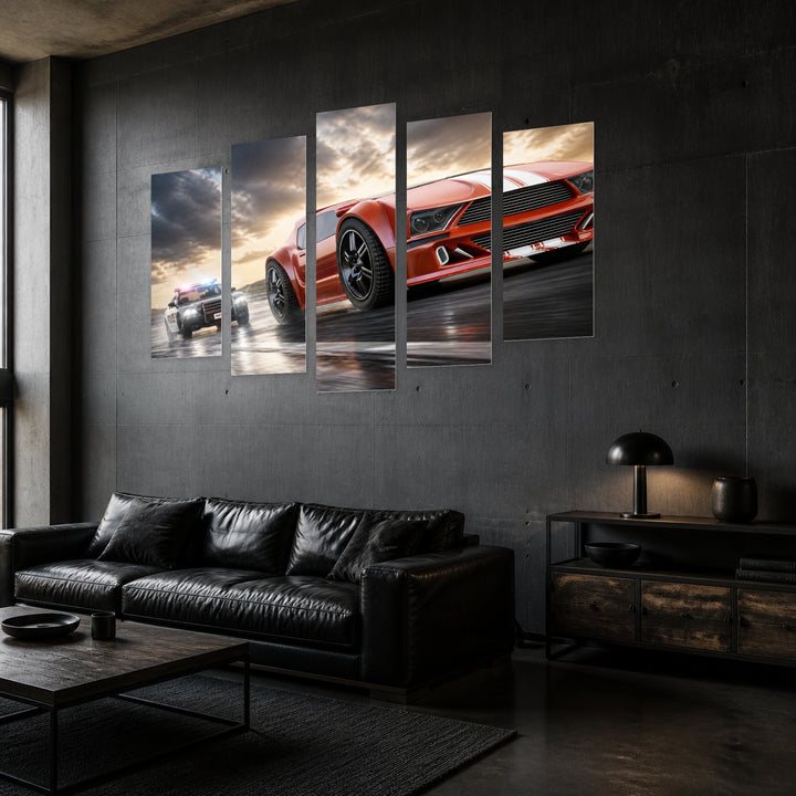 Race with Fast Cars with Dramatic Contrast — five-panel wall art in perspective interior | 5wallart 55528 M2