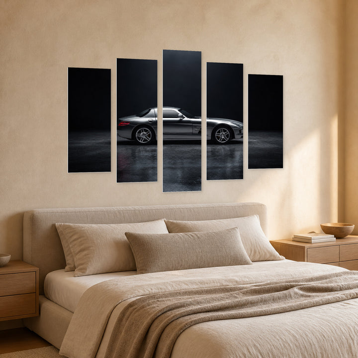 Luxury Sports Car with Geometric Rhythm — five-panel wall art in perspective interior | 5wallart 55529 M2