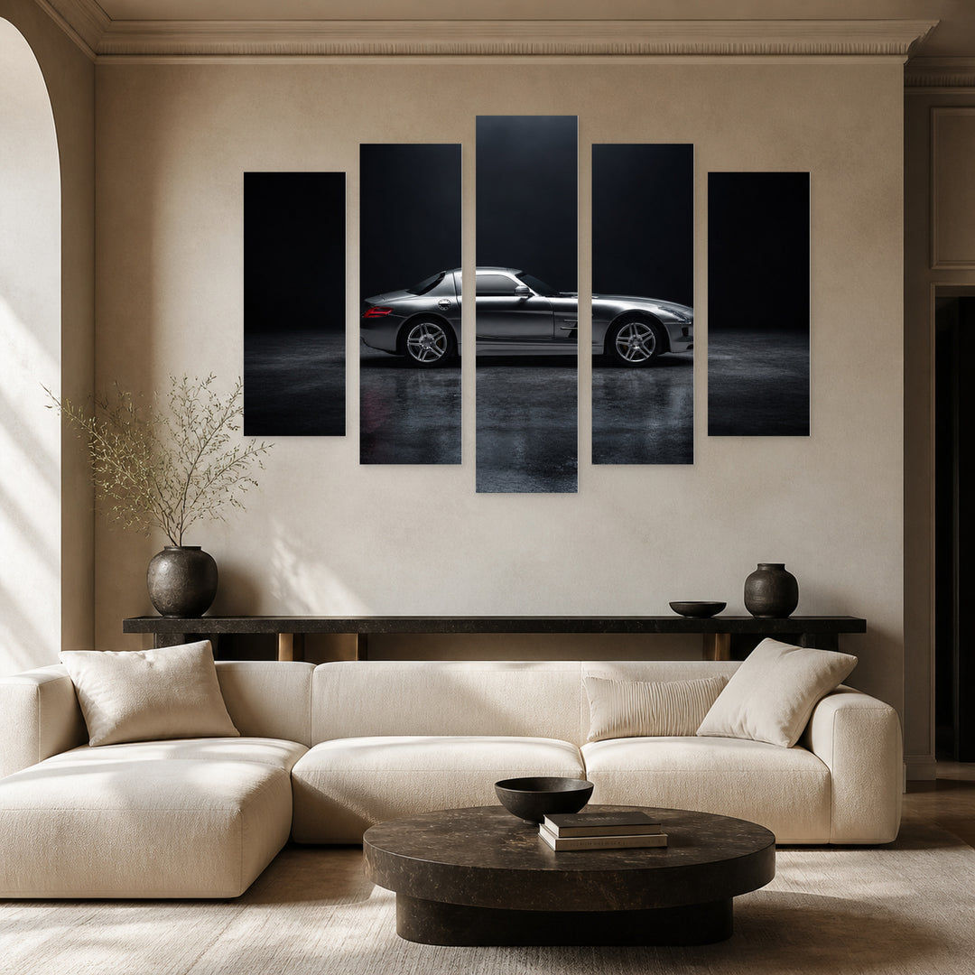 Luxury Sports Car with Geometric Rhythm — five-panel wall art in frontal interior | 5wallart 55529 M3