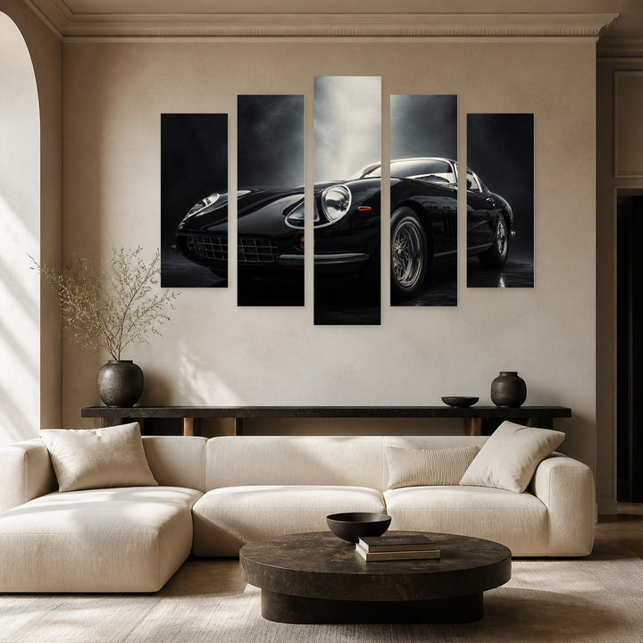Black Classic Sports Car with Vintage Character — five-panel wall art in alternate frontal interior | 5wallart 55530 M4