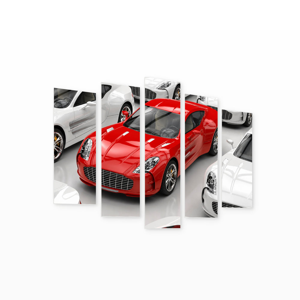 Red Sports Car in Vivid Color — five-panel wall art on white background in perspective | 5wallart 55532 M1